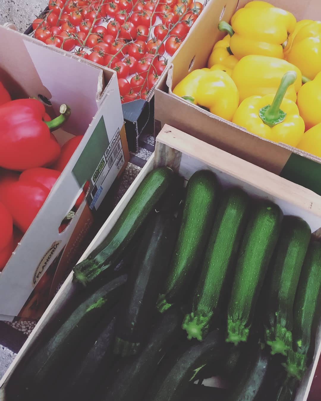 Cassette di pomodorini, peperoni e zucchine fresche